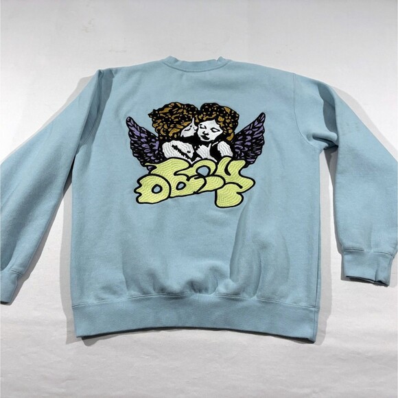 OBEY Cherub Crew Blue Angle Embroidered Pullover Cotton Sweatshirt Sz M Stains - Picture 9 of 13